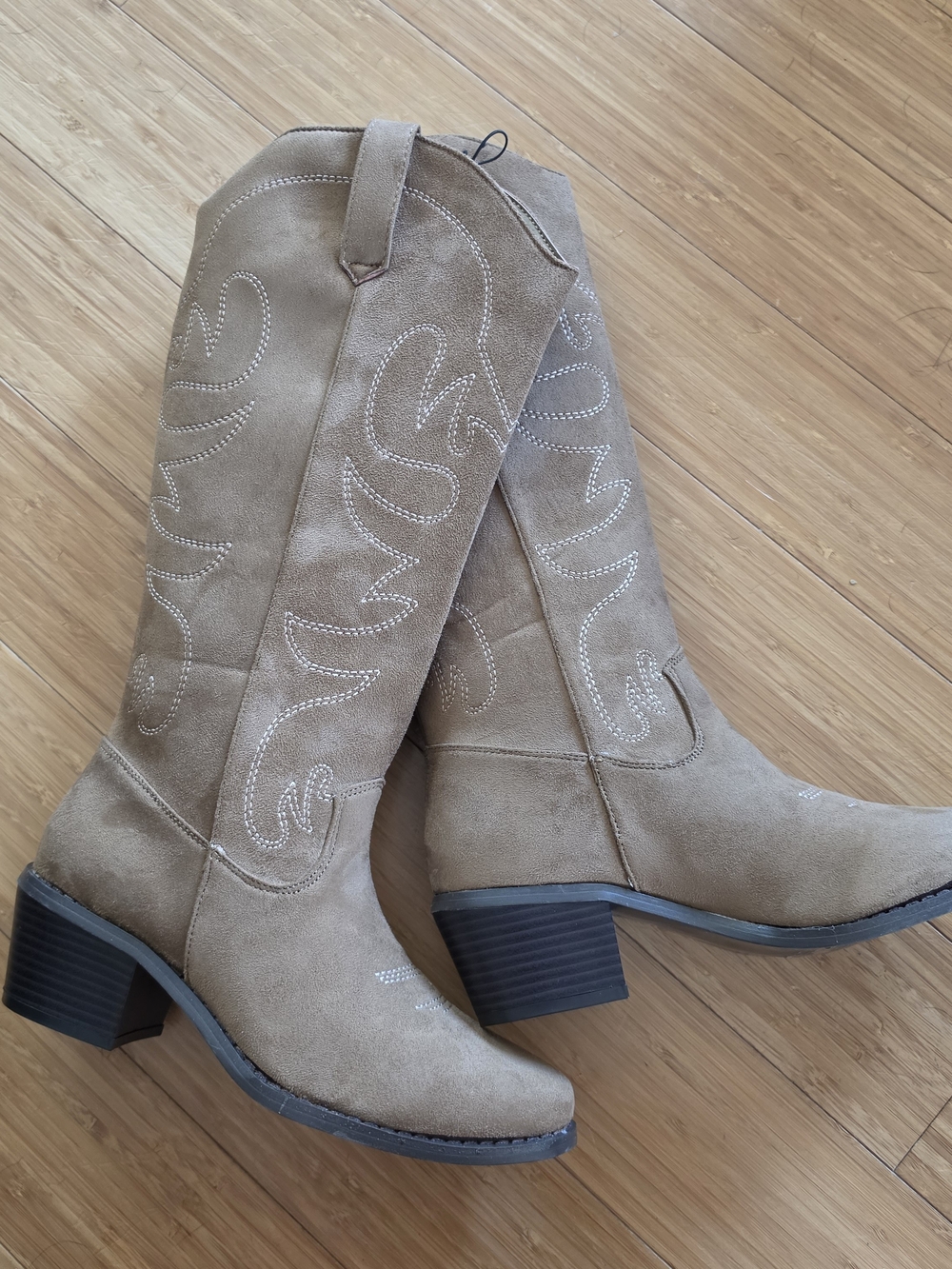 New Women's Taupe Suede Look Western Knee-High Boots